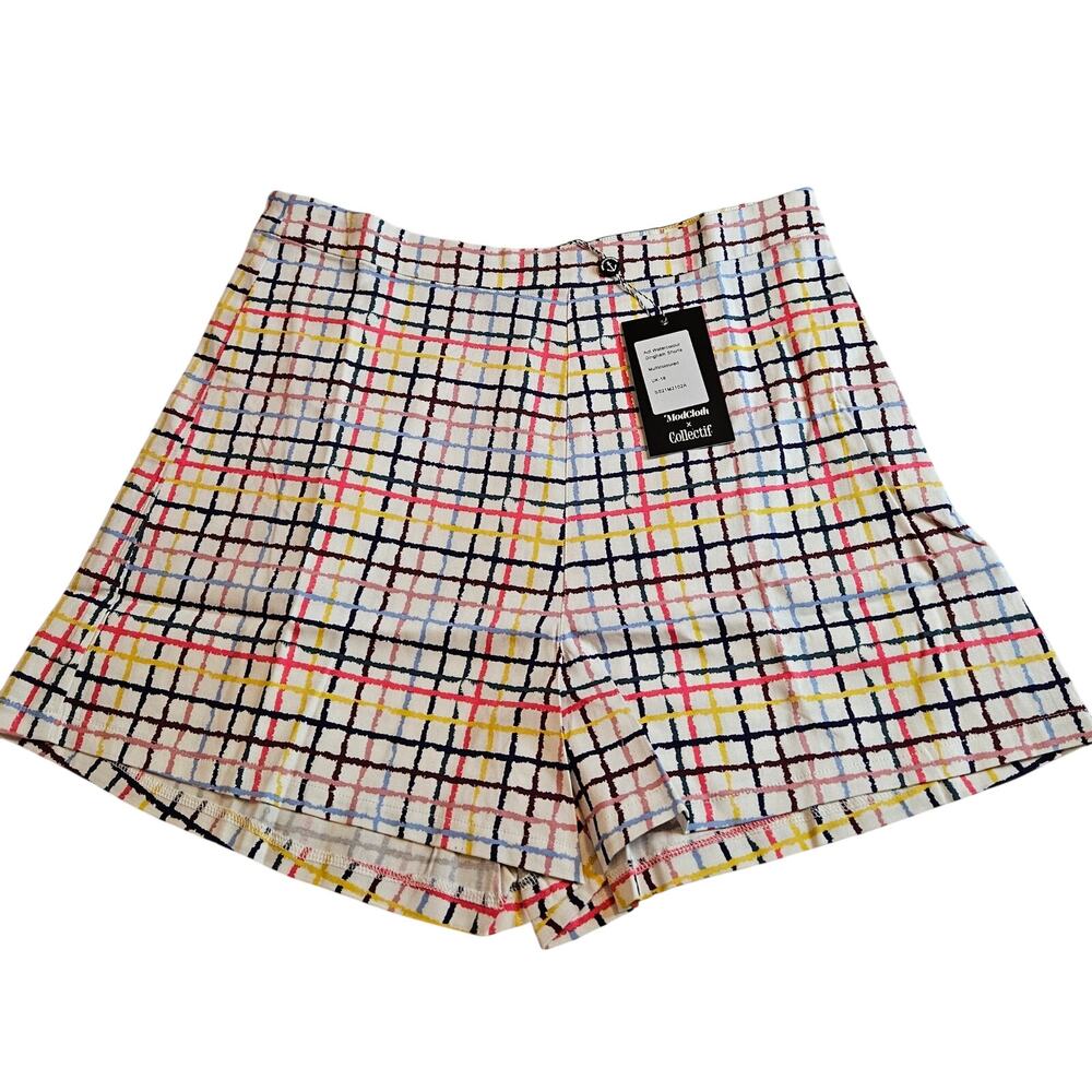 Modcloth Preppy Nautical Watercolor Gingham Shorts 14 Summer Party Cotton 80s